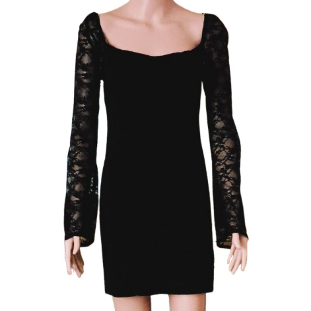 Black Mini Bodycon Evening Dress M Long Lace Sleeves Square Neckline Stretch